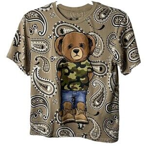 Hustle Shirt Boys Size M 10-12 Beige Paisley Camo Jeans & Boots Bear Poly Blend